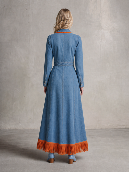 Retro Striped Piped Zip Belted Big-pocket Slit Long Denim Dress
