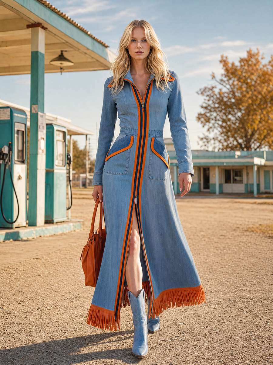 Retro Striped Piped Zip Belted Big-pocket Slit Long Denim Dress