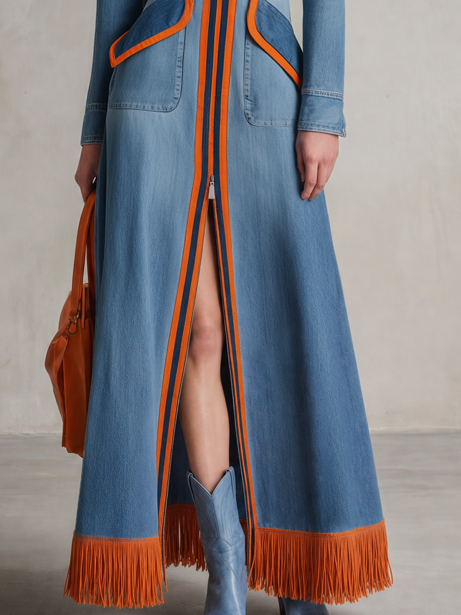 Retro Striped Piped Zip Belted Big-pocket Slit Long Denim Dress
