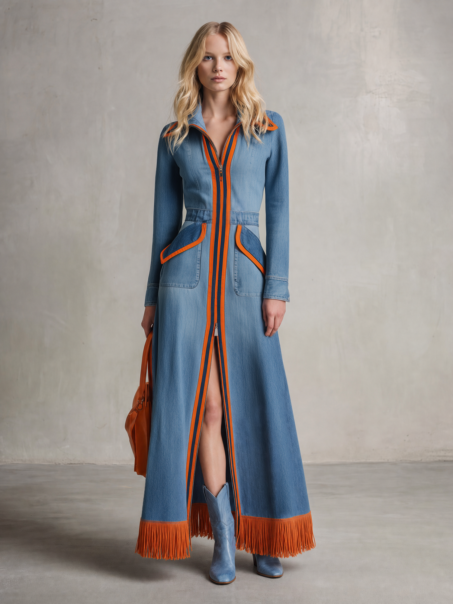 Retro Striped Piped Zip Belted Big-pocket Slit Long Denim Dress