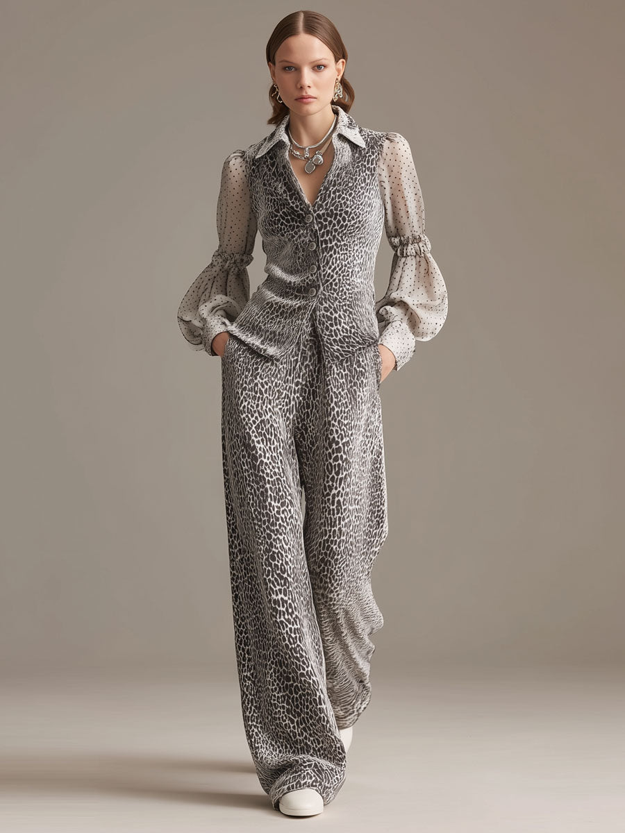 Sporty Retro Chiffon Sleeve Gray Leopard Print Velvet Top And Wide-Leg Pants Set