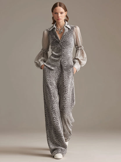 Sporty Retro Chiffon Sleeve Gray Leopard Print Velvet Top And Wide-Leg Pants Set
