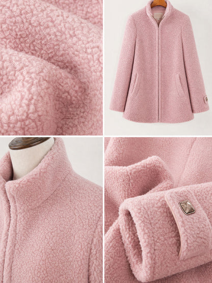 Casual Vintage Pink Polar Fleece Zip-Up Jacket Coat