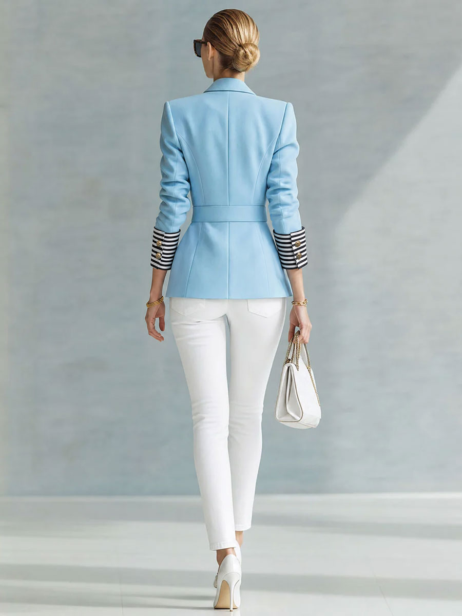 simple-and-elegant-striped-long-sleeved-blue-belted-blazer - Oyrosy