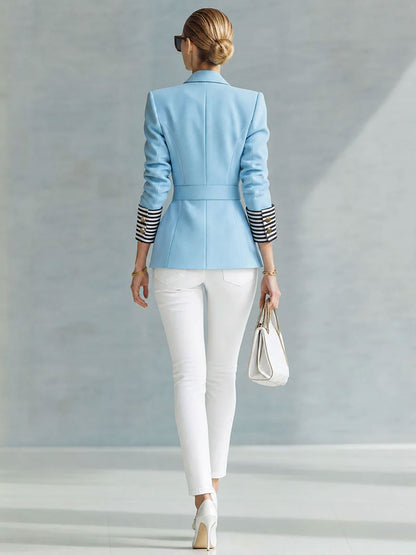 simple-and-elegant-striped-long-sleeved-blue-belted-blazer - Oyrosy