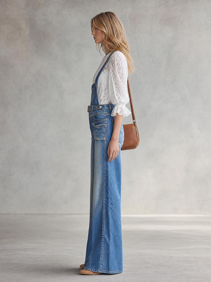 Retro Center-seam-paneled Multi-pocket Loose Wide-leg Denim Overalls