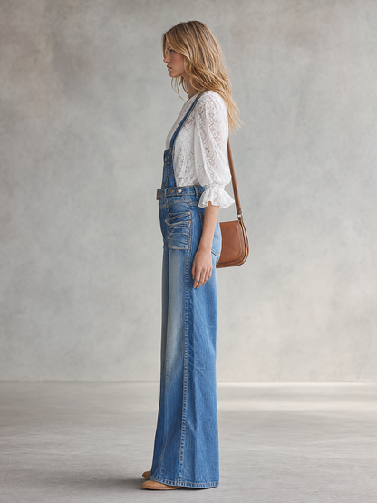Retro Center-seam-paneled Multi-pocket Loose Wide-leg Denim Overalls