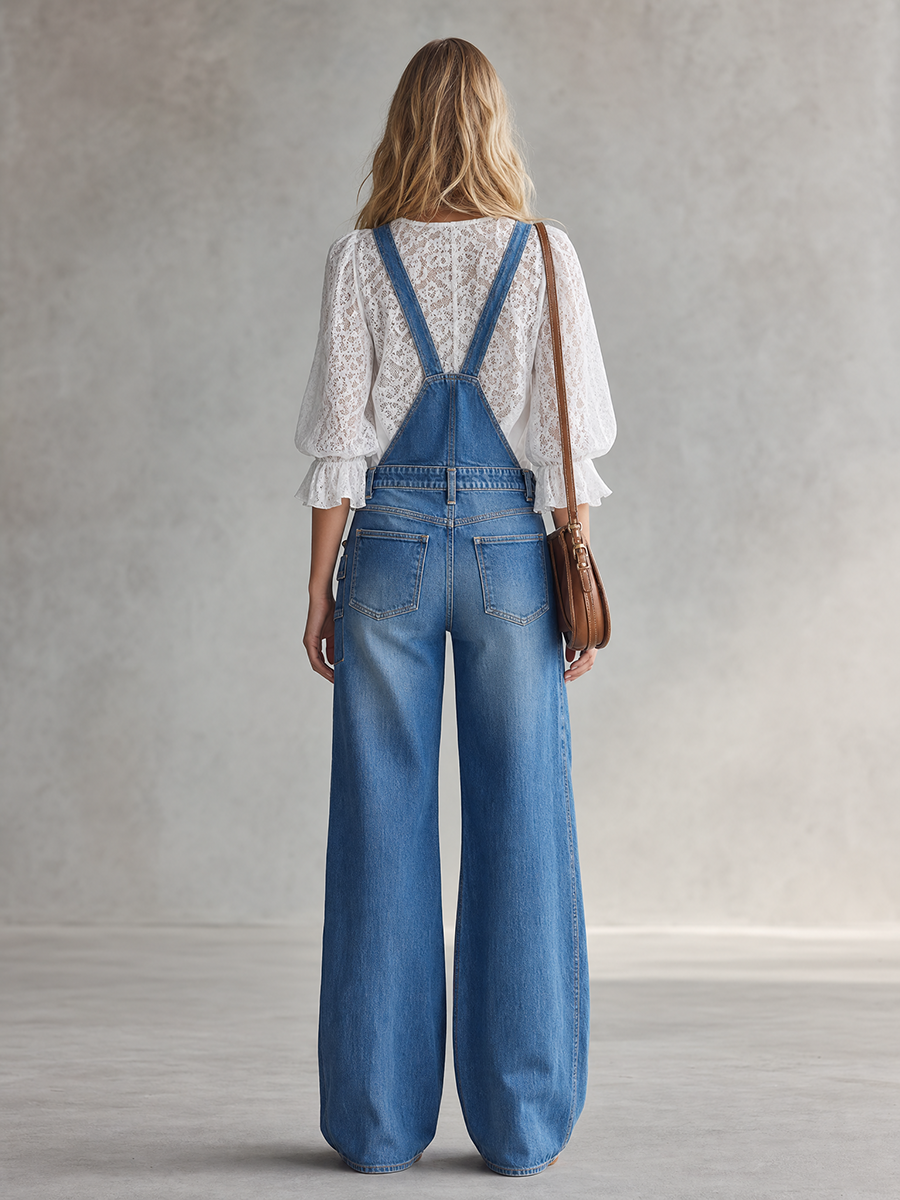 Retro Center-seam-paneled Multi-pocket Loose Wide-leg Denim Overalls