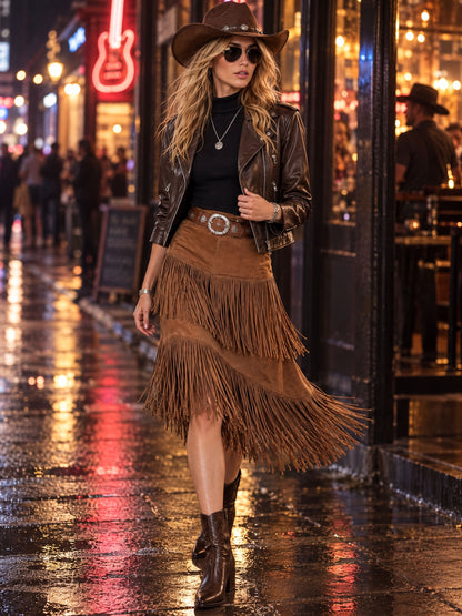 Western Retro Fringed Camel-colored Faux Suede Belted Midi Skirt