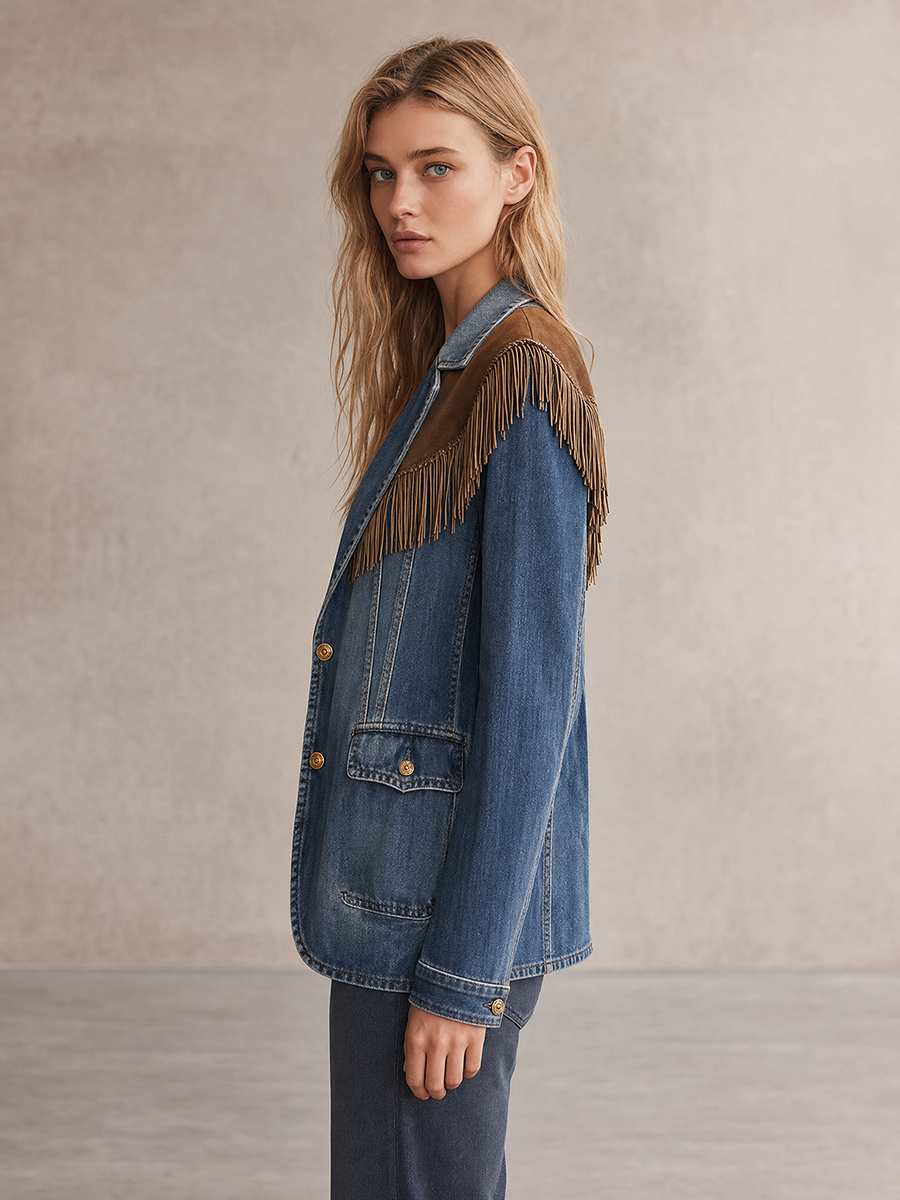 Retro Blue Suede Fringe-paneled Denim Blazer