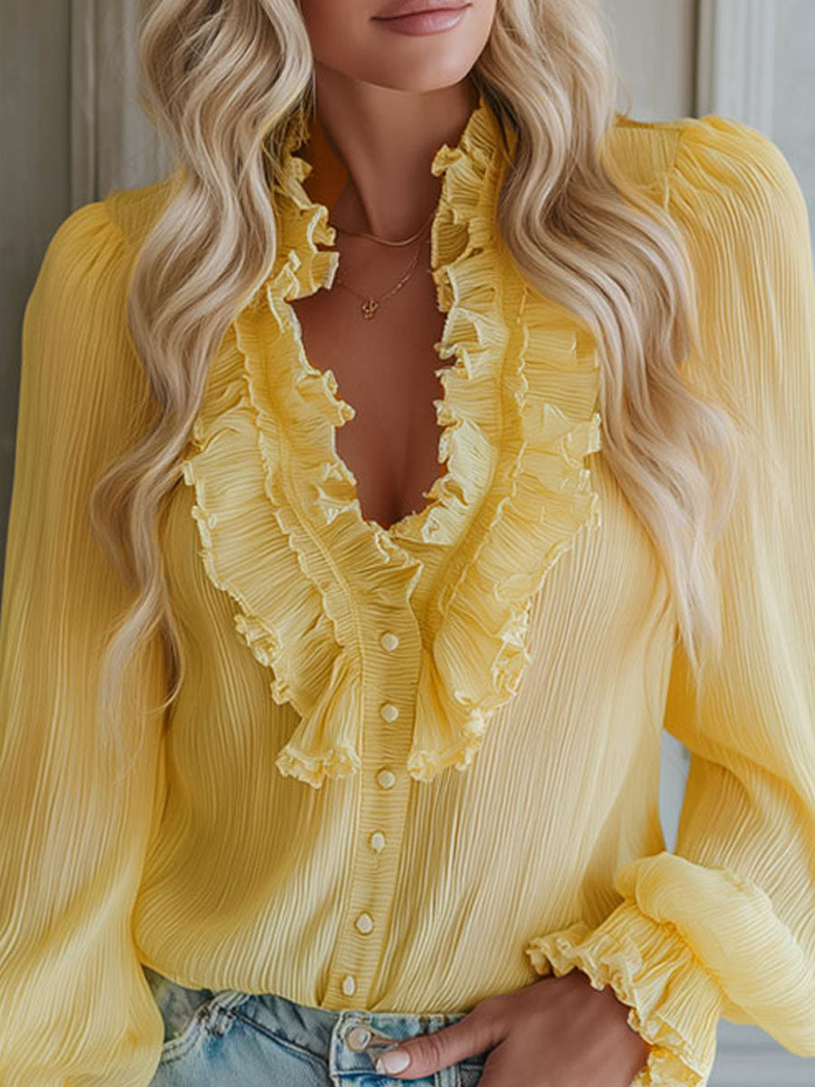 V-neck Chiffon Single-breasted Long-sleeved Shirt