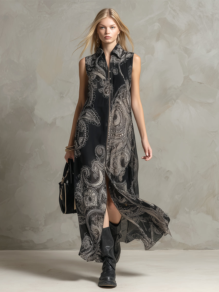 Vintage Elegant Lapel Collar Front Zipper Black Printed Chiffon Sleeveless Maxi Dress