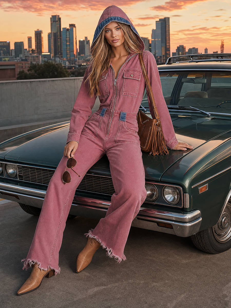 Retro Lotus-pink Hooded Zip Distressed Raw-hem Wide-leg Jumpsuit