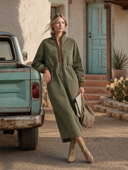 Retro Stand-collar Half-zip Striped Cuffed Belted Workwear Dress