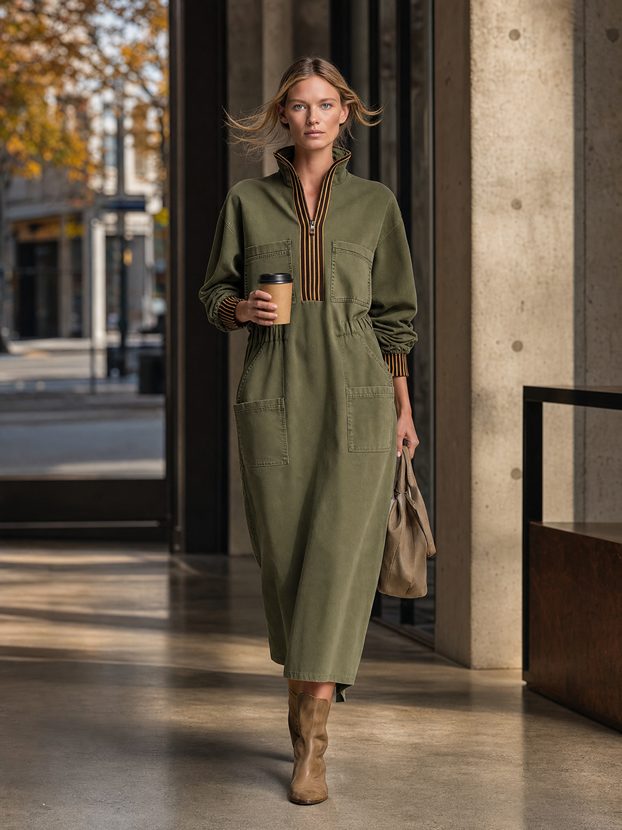 Retro Stand-collar Half-zip Striped Cuffed Belted Workwear Dress