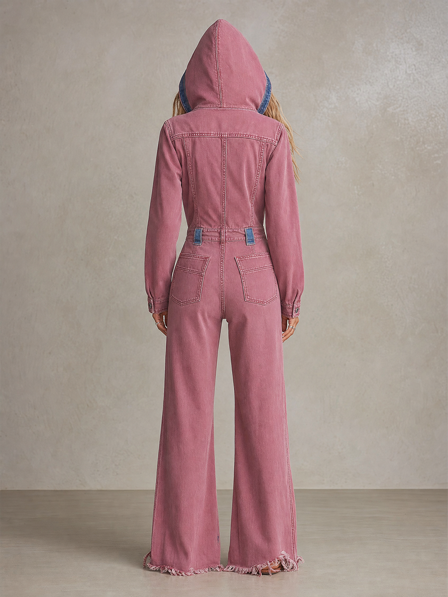 Retro Lotus-pink Hooded Zip Distressed Raw-hem Wide-leg Jumpsuit