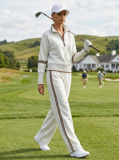 Retro Sporty Webbing Grey-white Half-zip Sweatshirt And Wide-leg Pants Set