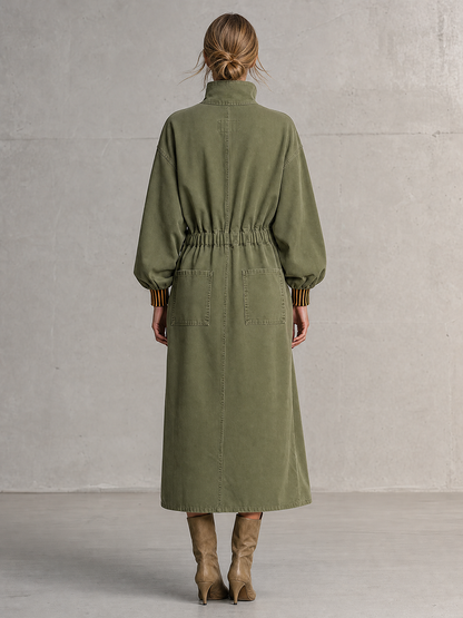 Retro Stand-collar Half-zip Striped Cuffed Belted Workwear Dress