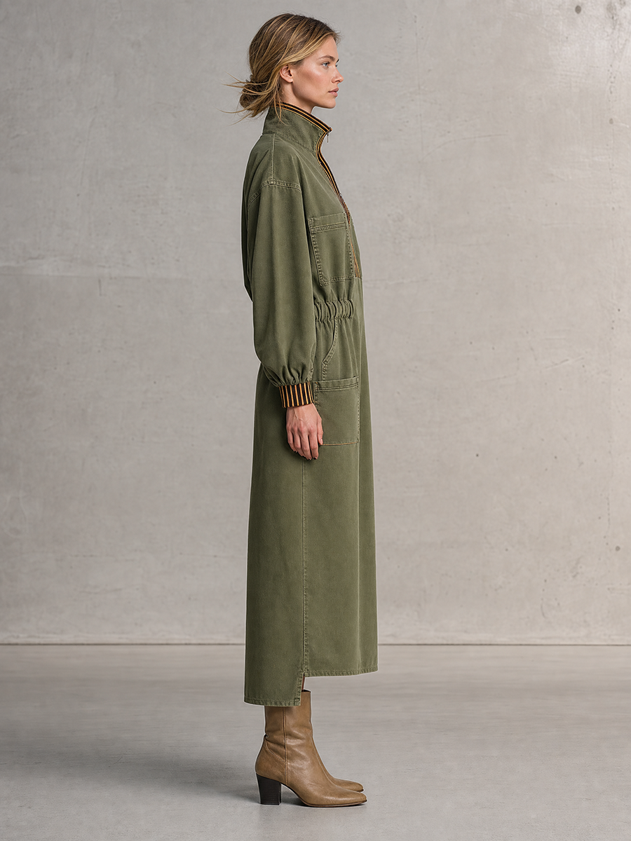 Retro Stand-collar Half-zip Striped Cuffed Belted Workwear Dress