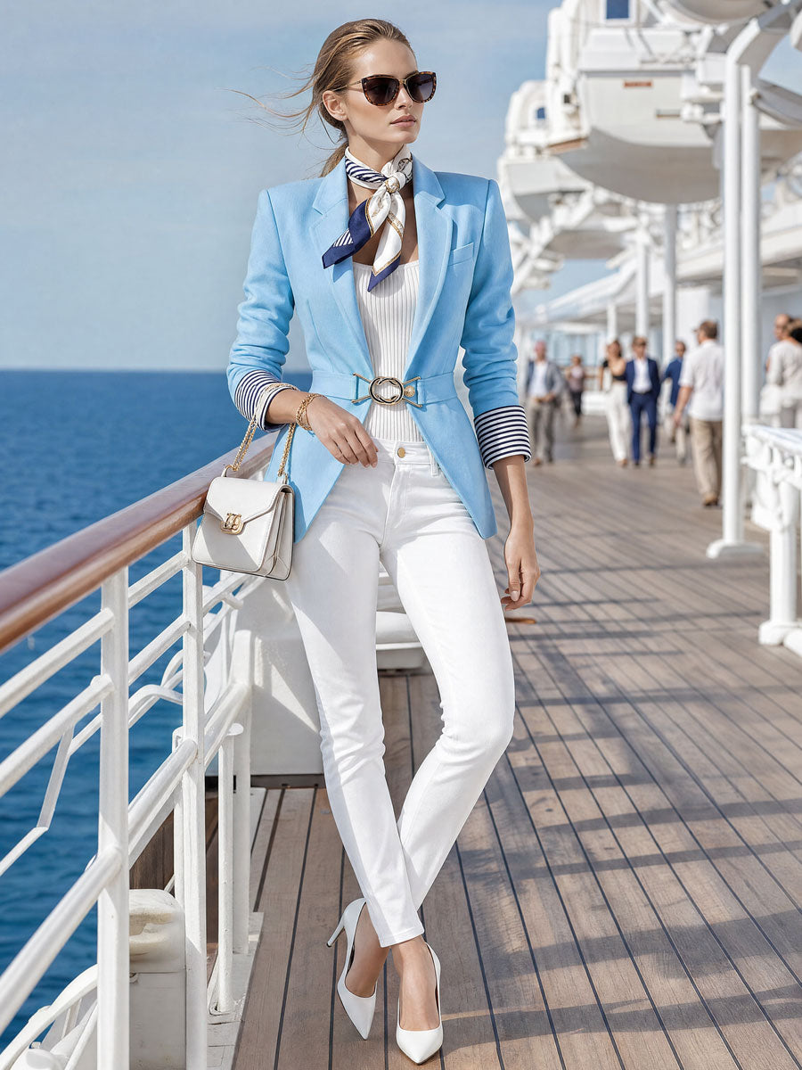 simple-and-elegant-striped-long-sleeved-blue-belted-blazer - Oyrosy