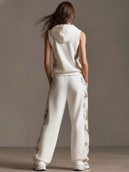 Sporty Retro Floral Velvet Patchwork White Sleeveless Hooded Sweatshirt And Pants Set