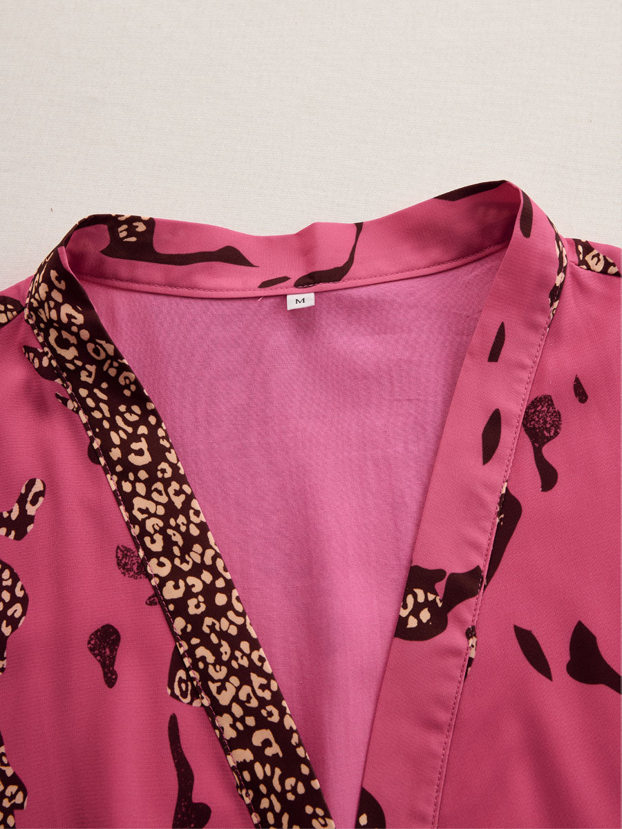 Casual Loose Rose Red Chiffon Leopard Print Long-Sleeved Jumpsuit