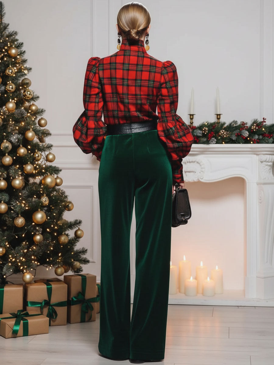 Trendy Retro Plaid Velvet Turtleneck Long-sleeved T-shirt And Wide-leg Pants Set