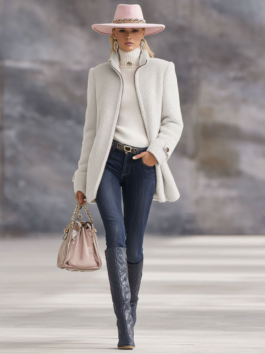 Casual Vintage Pink Polar Fleece Zip-Up Jacket Coat