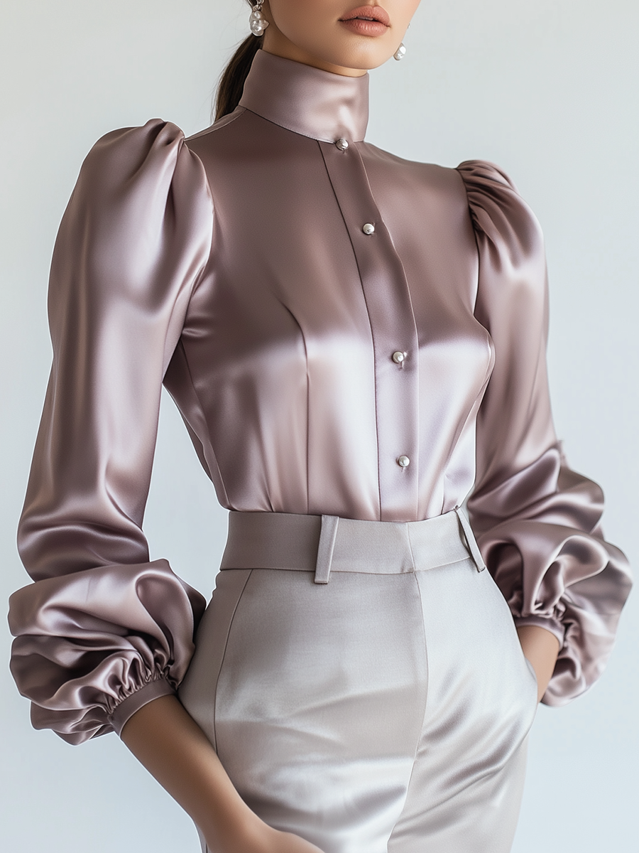 Elegant Satin Stand Collar Balloon Sleeve Shirt