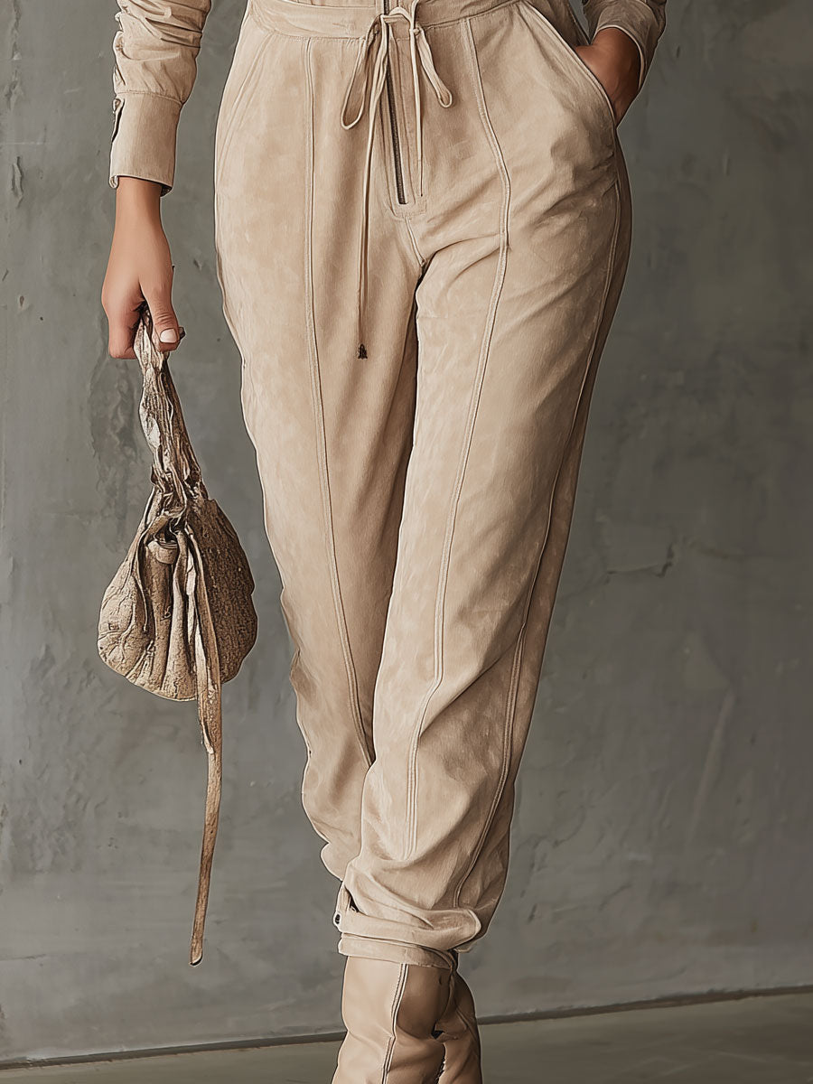 Western Retro Light Khaki Tassel Collar Zipper Long Sleeve Faux Suede Jumpsuit
