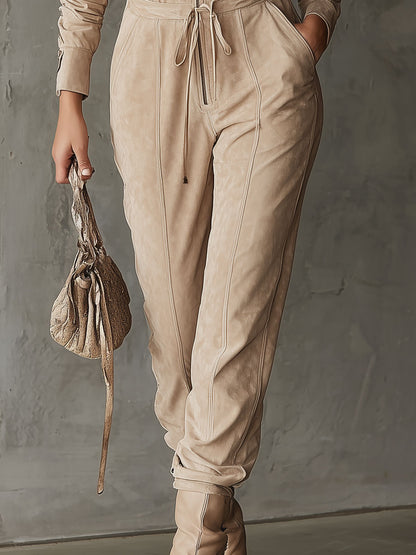 Western Retro Light Khaki Tassel Collar Zipper Long Sleeve Faux Suede Jumpsuit