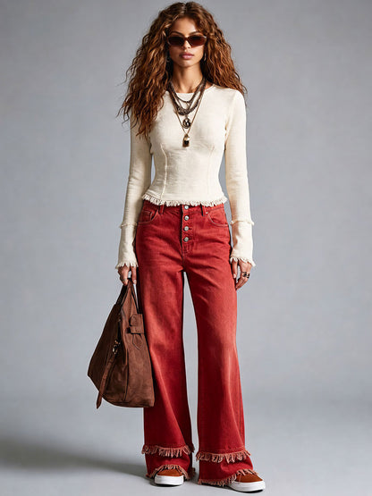 Western Retro Frayed Red Jeans