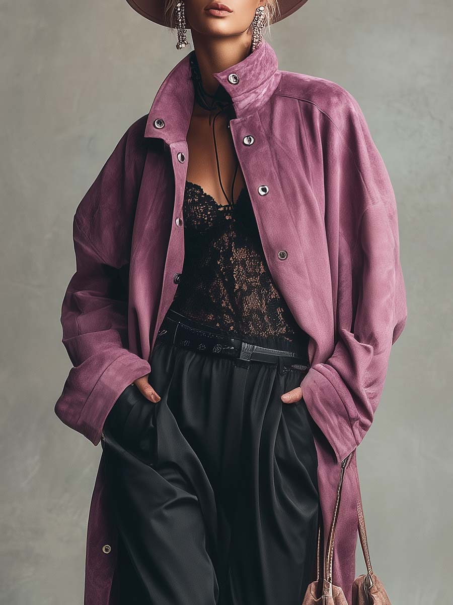 Vintage Elegant Exquisite High-necked Front Button Purple-red Suede Trench Coat