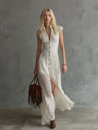 Elegant Vintage Off-white Lace Sleeveless Maxi Dress