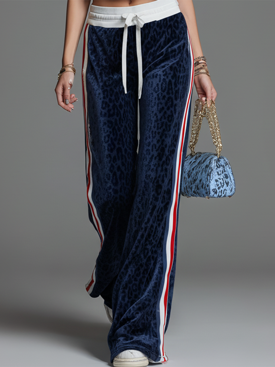 Retro Sporty Short-sleeved Polo Shirt And Leopard Print Velvet Trousers Set