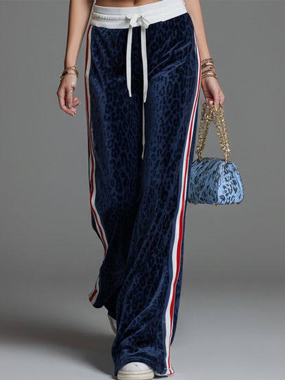 Retro Sporty Short-sleeved Polo Shirt And Leopard Print Velvet Trousers Set