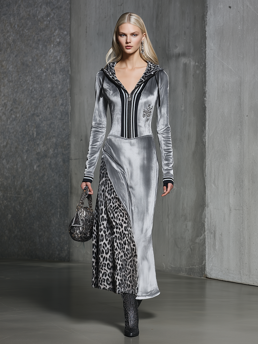 High-end Chic Hooded Leopard Print Silver Maxi Dress
