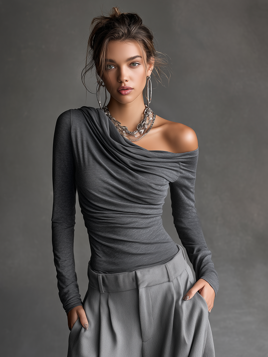 Elegant High-quality One-shoulder Cowl Neck Long-sleeved T-shirt