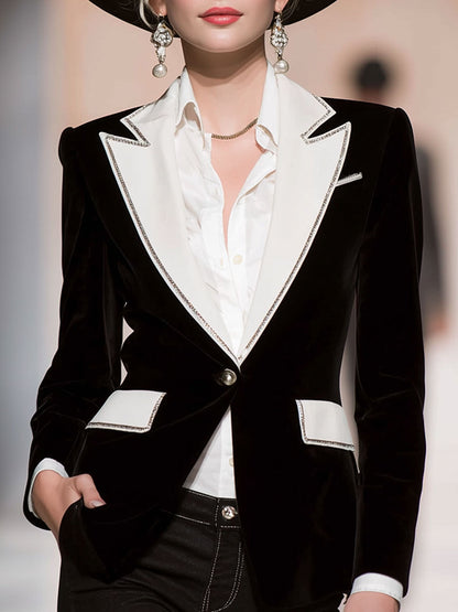 Stylish Black And White Contrasting Velvet Blazer