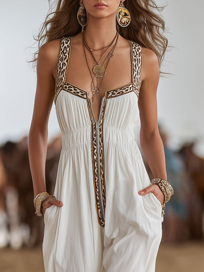 Western Retro Leopard Print Trim White Chiffon Sleeveless Jumpsuit