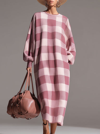 Casual Loose-fitting White And Pink Plaid Round Neck Knit Midi Dress