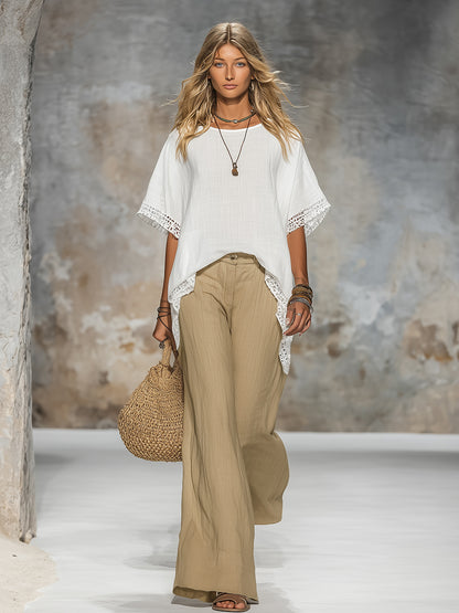 Retro Casual Resort Style Lace-trimmed Top And Flared Pants Set