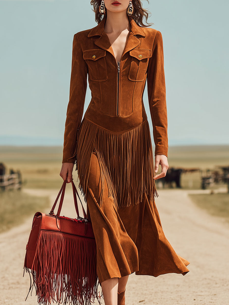 Western Retro Caramel-Colored Faux Suede Zipper Tassel Long-Sleeved Midi Dress