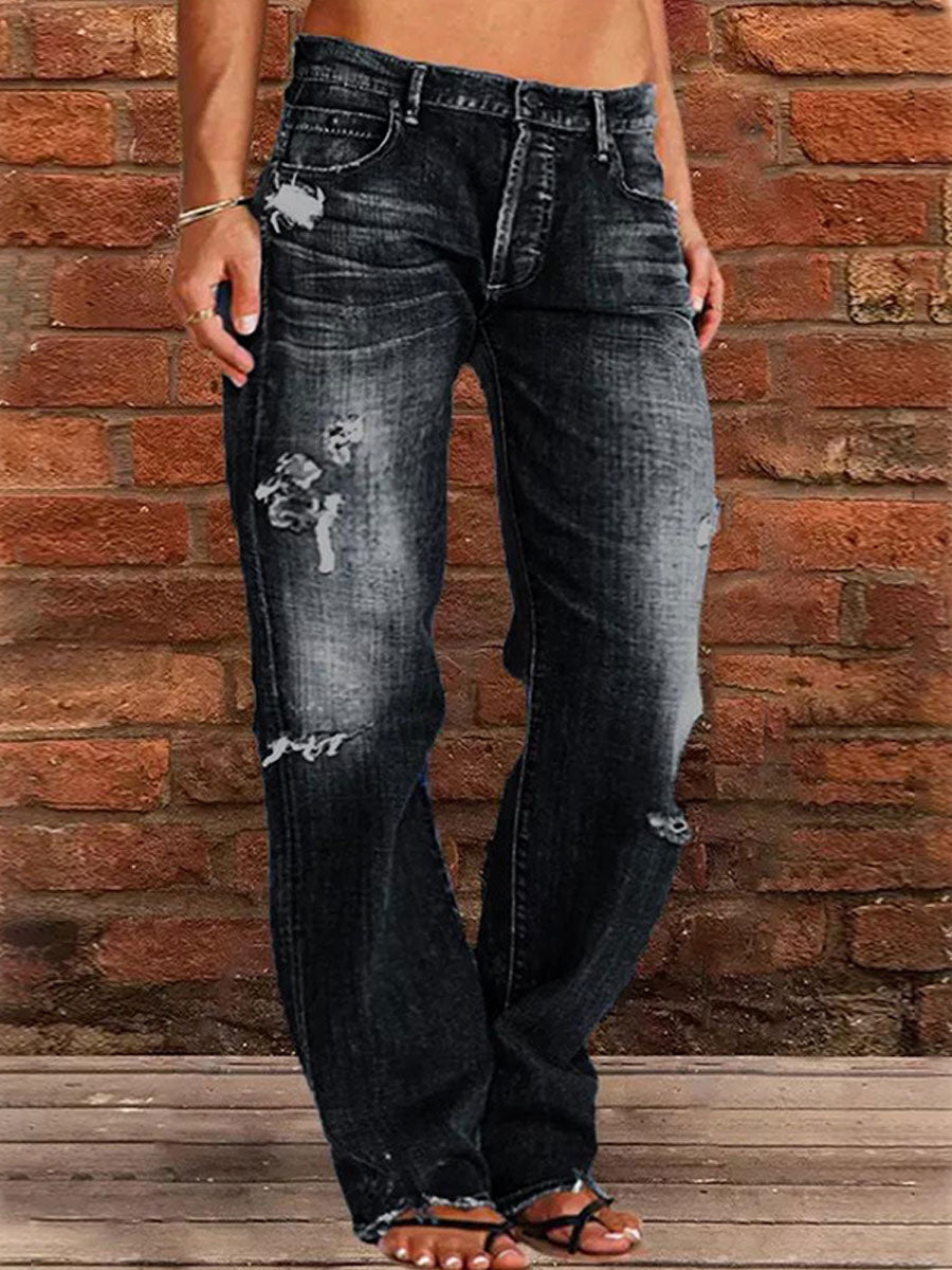 Loose Casual Pocket Elastic Waist Vintage Ripped Jeans