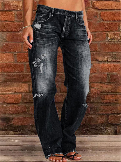 Loose Casual Pocket Elastic Waist Vintage Ripped Jeans