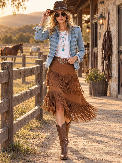Western Retro Fringed Camel-colored Faux Suede Belted Midi Skirt
