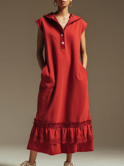 Sporty Retro Lace Ruffled Red Cotton Sleeveless Hooded Midi Dress