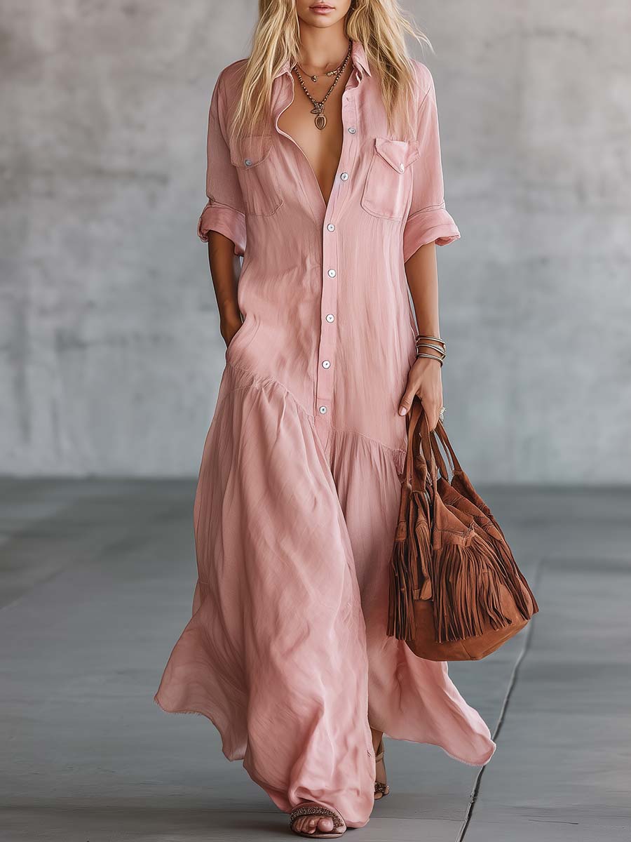 Casual Retro Western V-neck Front Button Short Sleeve Pink Cotton Linen Shirt Maxi Dress