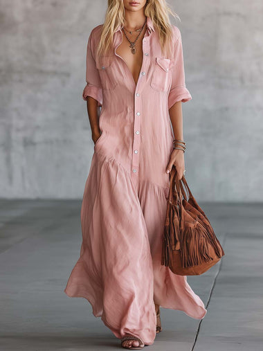 Casual Retro Western V-neck Front Button Short Sleeve Pink Cotton Linen Shirt Maxi Dress