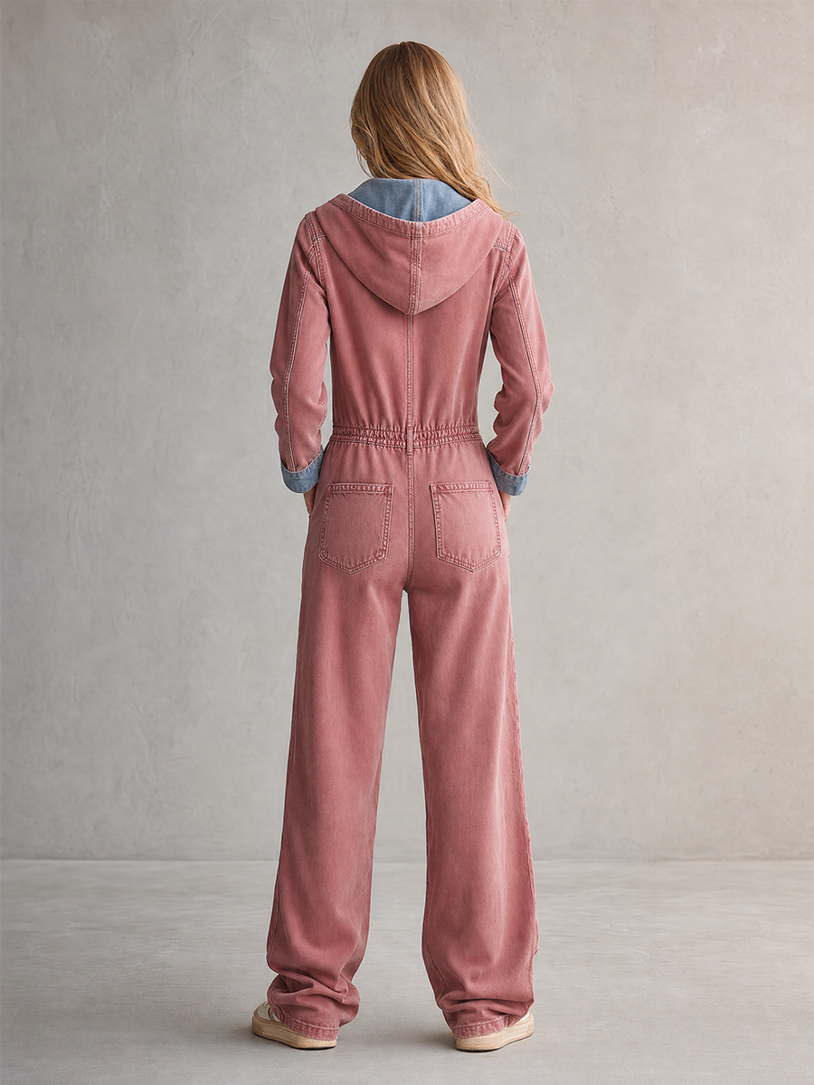 Retro Hooded Zip Raw-hem Big-pocket Wide-leg Pink Jumpsuit